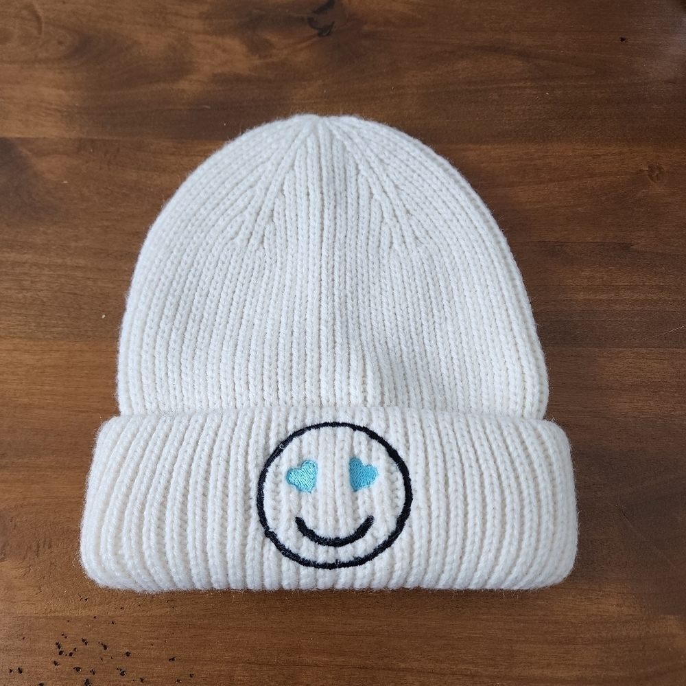 Nordstrom Cream Happy Face White Ribbed Beanie  NWT